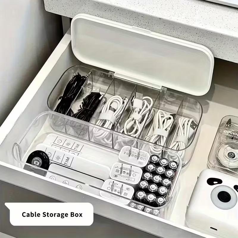 Double-Layer Transparent Desktop Cable Organizer Box, Compact Cord & Charger Storage, Adjustable Compartments, Home Office Use, Table Organizers, Desk Organizer Tidy