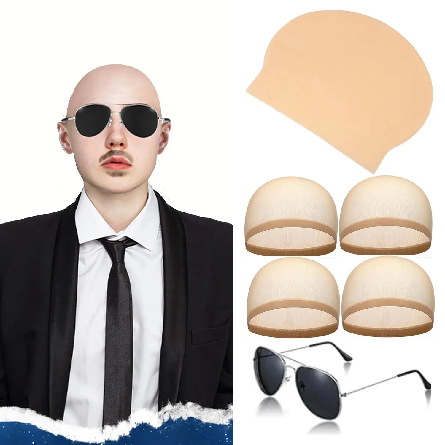 6pcs Bald Caps with Glasses Bald Head Wig Cap Party Costume Accessories for Adults Women Men Halloween Cosplay Christmas gift