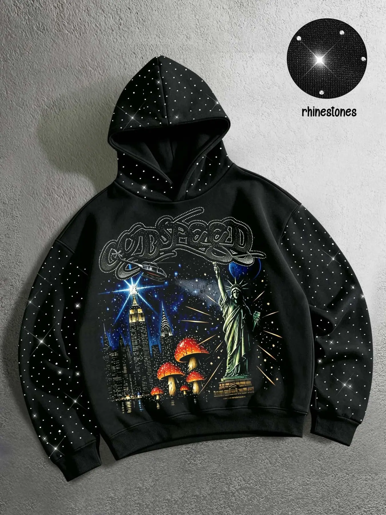 GODSPEED American-style streetwear men's hoodie featuring a Statue of Liberty and New York Times Square cityscape print, accented with rhinestone detailing on the hood and sleeves—a street-style, unisex autumn/winter sweatshirt Graphic Hoodies.