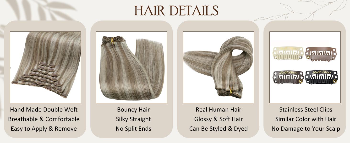 Full Shine Clip in Hair Extensions Balayage Blonde Real Human Hair Clip ins for Women