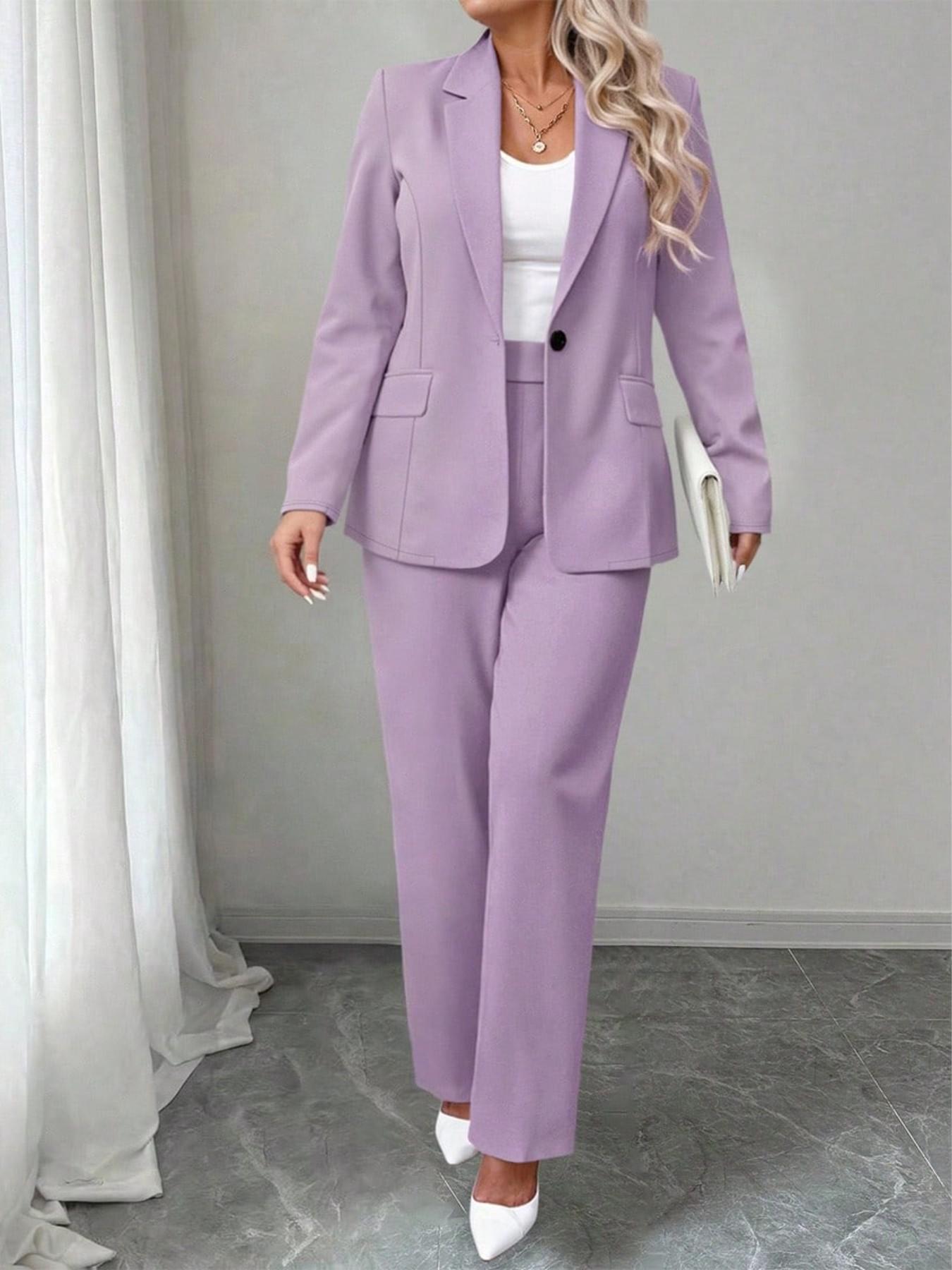 Plus Size Women's Suit Set Fit, Lapel Button Blazer + High Waist Wide Leg Pants, Stretchy Comfortable Fabric, Office Casual Style