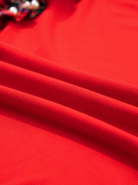 Plaid Pearl Ruffle Short Sleeve Loose T-Shirt, Casual Summer Top, Women's Fashion Tee, Comfortable and Stylish, Perfect for Daily Wear