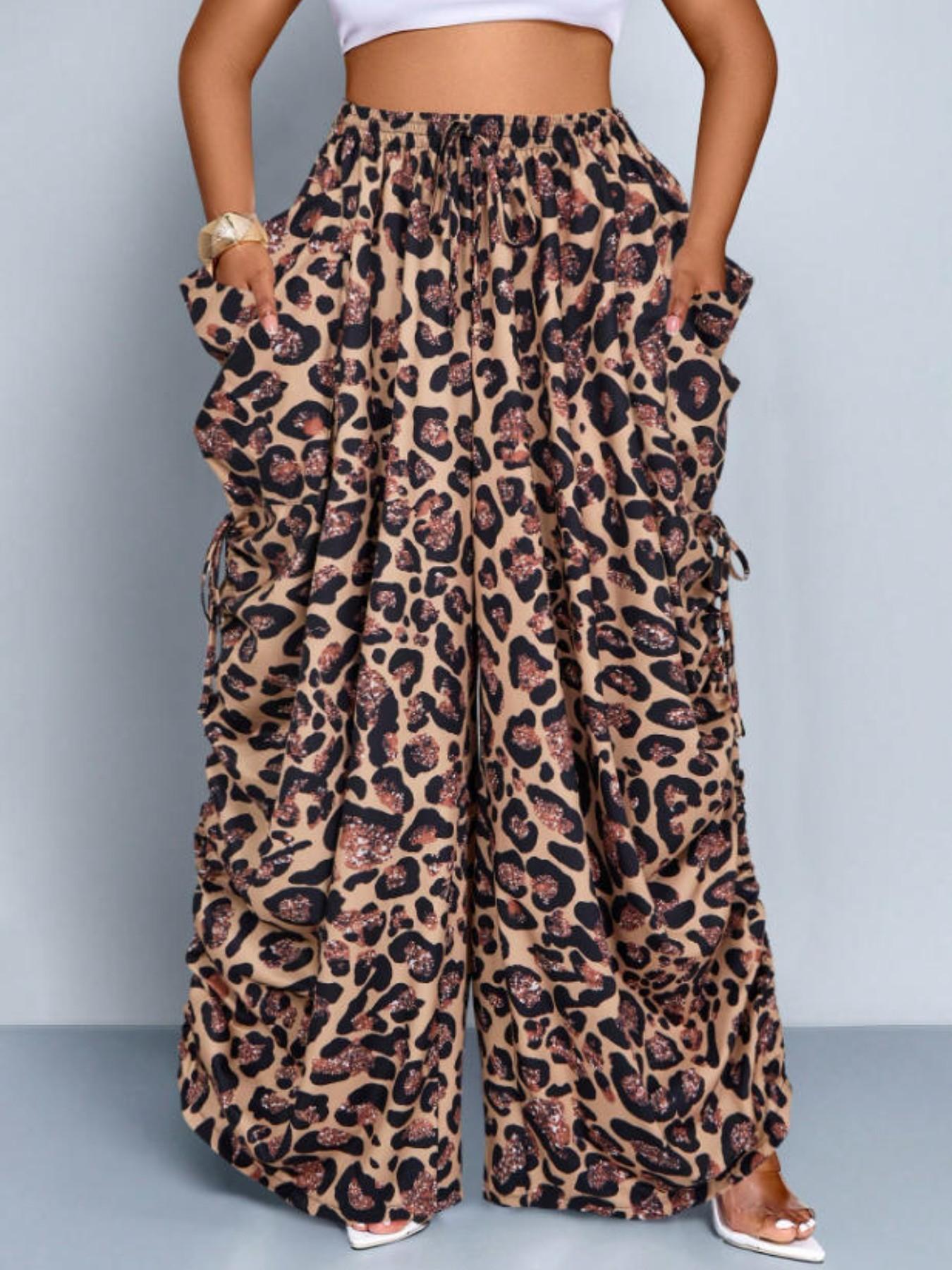 Women's Leopard Print Harem Pants Bottom, Casual High Waist Loose Breathable Cotton Linen, Medium Stretch Thin Drawstring Pockets, Streetwear Punk Style