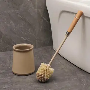 HeMu Beech Wood Handle Toilet Brush Set with Ceramic Base Natural Sisal Bristles Household Bathroom Cleaning Tool