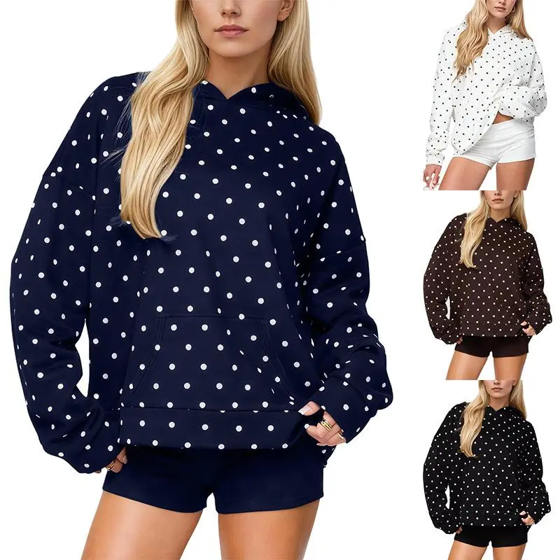 Women’s Polka Dot Print Oversized Hoodie - Long Sleeve Relaxed Drape Pullover Sweatshirt, Soft Viscose Blend Everyday Sporty Style Fall Lounge Top, Hoodies For Women