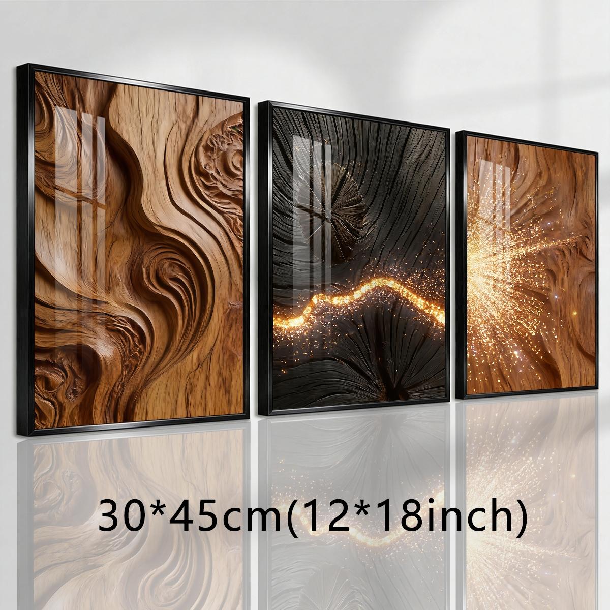 3 Counts Aluminum Alloy Framed Painting, Abstract Wood Texture And Golden Spark Art Pictures, Home Decoration For Living Room, Bedroom, Office, Restaurant, Hallway Wall Decor, Odorless Print Artwork, Luxury Perfect Gift For Friends And Family