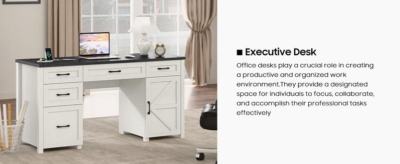 Vabches Farmhouse 61'' Executive Desk with 5 Drawers, Rustic Office Desk Computer Desk with Charging Station, File Drawers and Storage Cabinet, Wood Workstation for Home Office and Study
