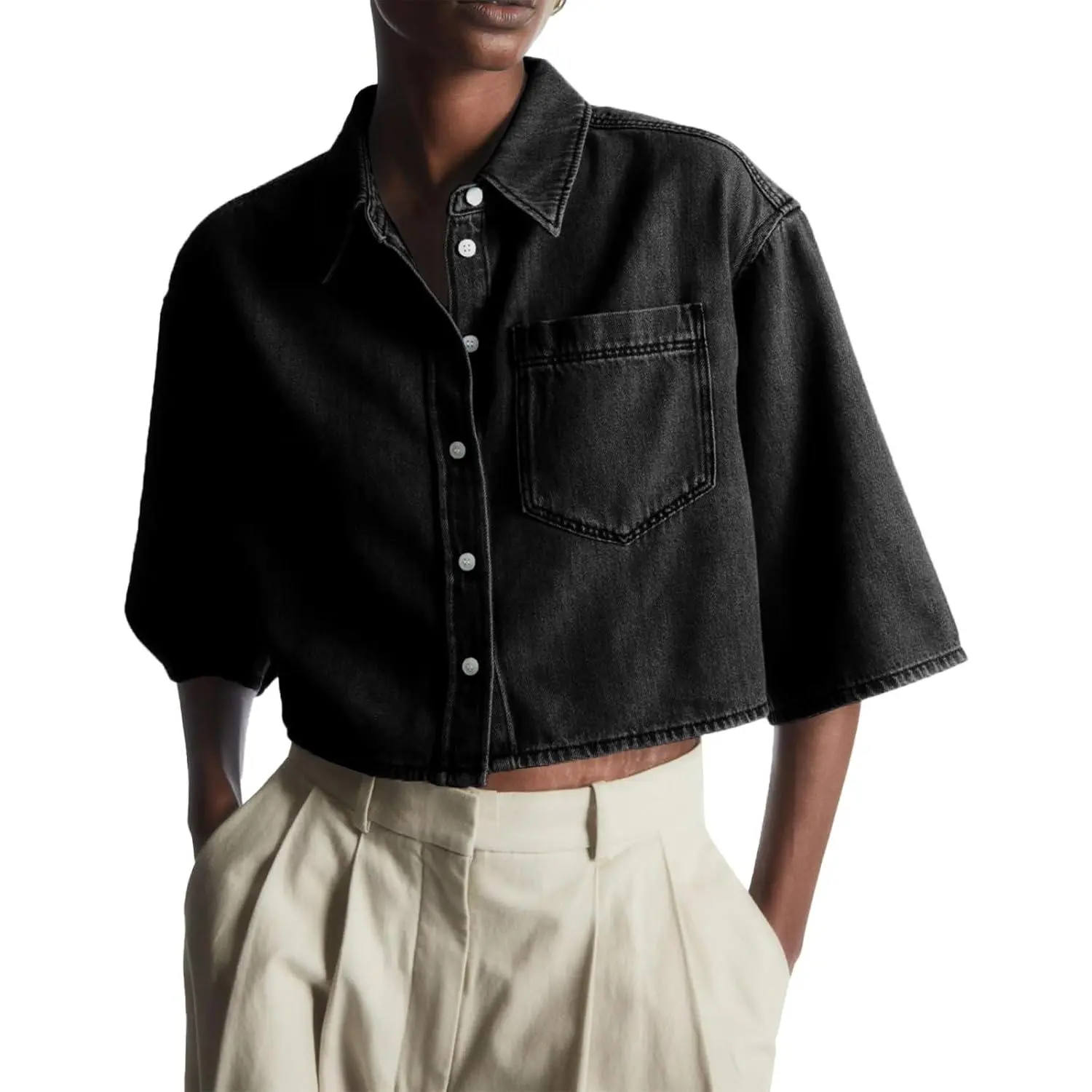 Tankaneo Womens Crop Denim Shirt Half Sleeve Button Down Short Jean Jacket with Pocket
