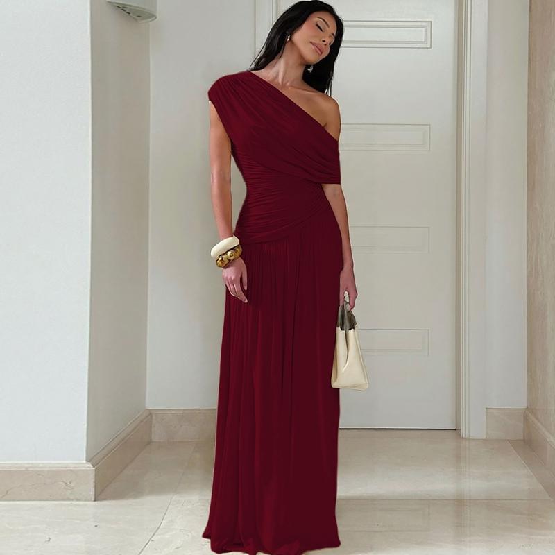 Women's Elegant Solid Irregular Neck Ruched Dress, Sexy One-Shoulder Backless Plain Slim Fit Maxi Dress, Formal Gown for Birthday Party & Date Evening, Summer Ladies Casual Long Dresses for Holiday & Daily Wear Womenswear