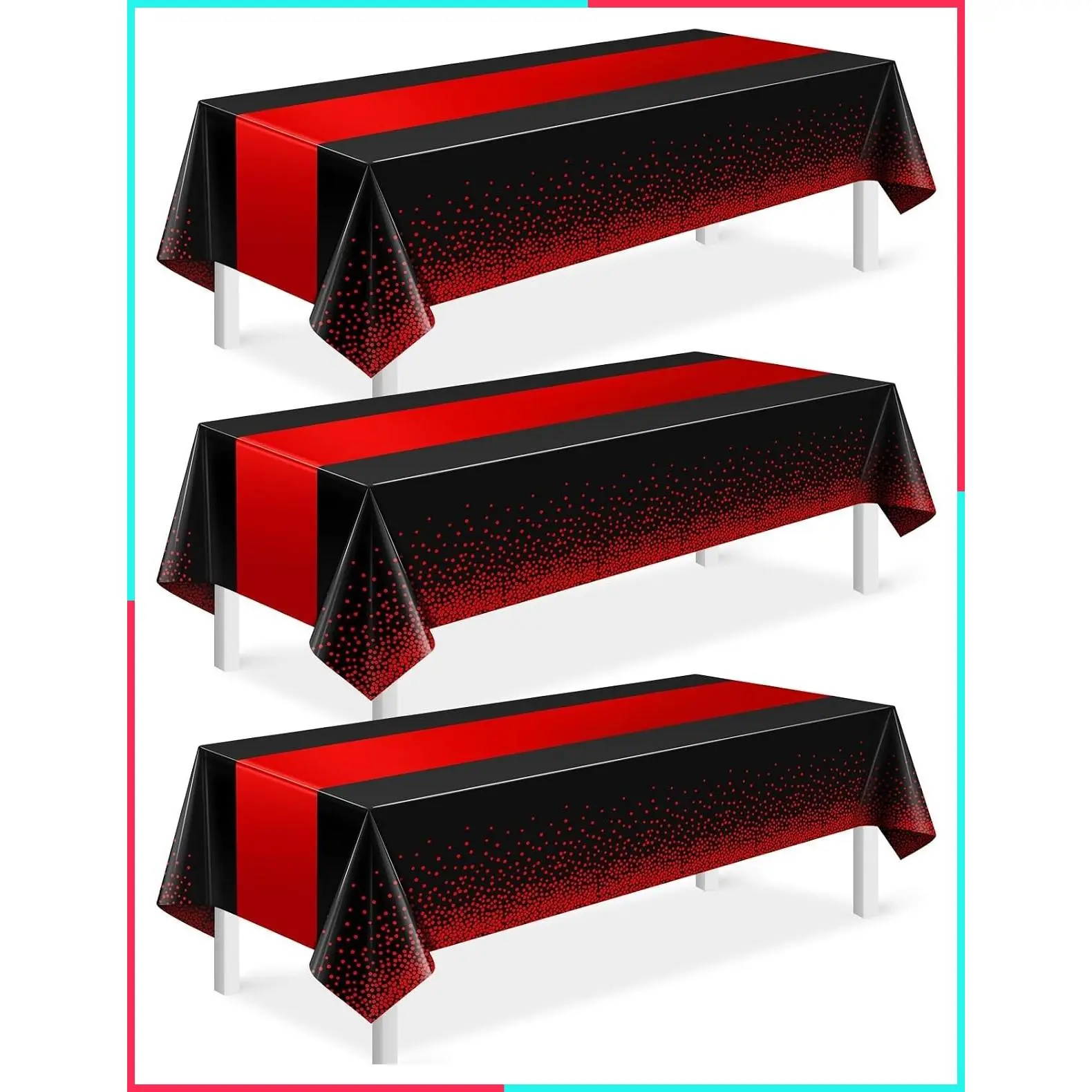 Black and Red Tablecloth Party Decorations, 3Pcs Plastic Rectangle Table Cover with Printed Red Runner, Disposable for Birthday Wedding Anniversary Graduation, 54 x 108 Inch