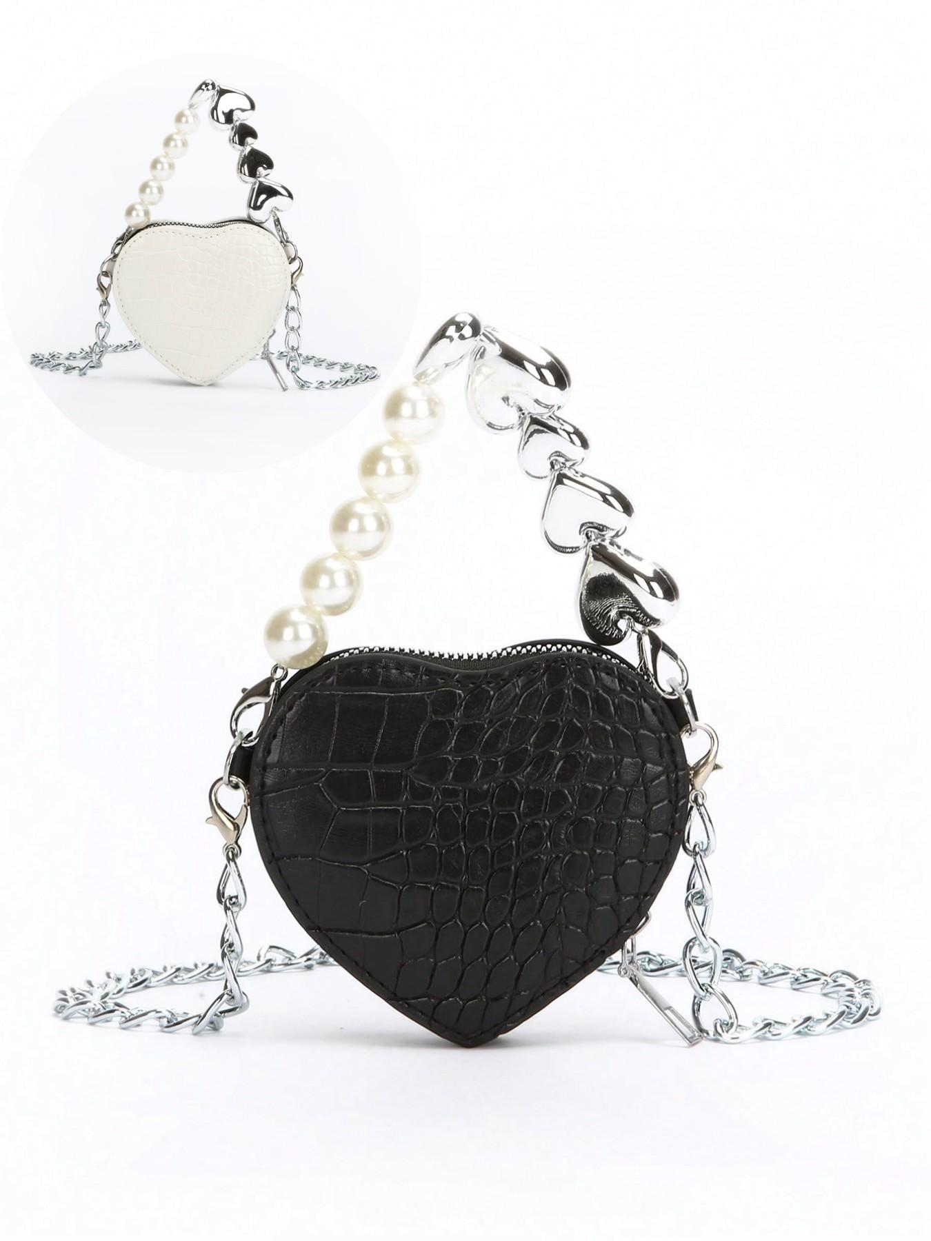 Vintage Mini Crossbody Bag, Crocodile Pattern Pearl Chain Purse, Heart Shape Fashion Coin Wallet, All Seasons Solid Design