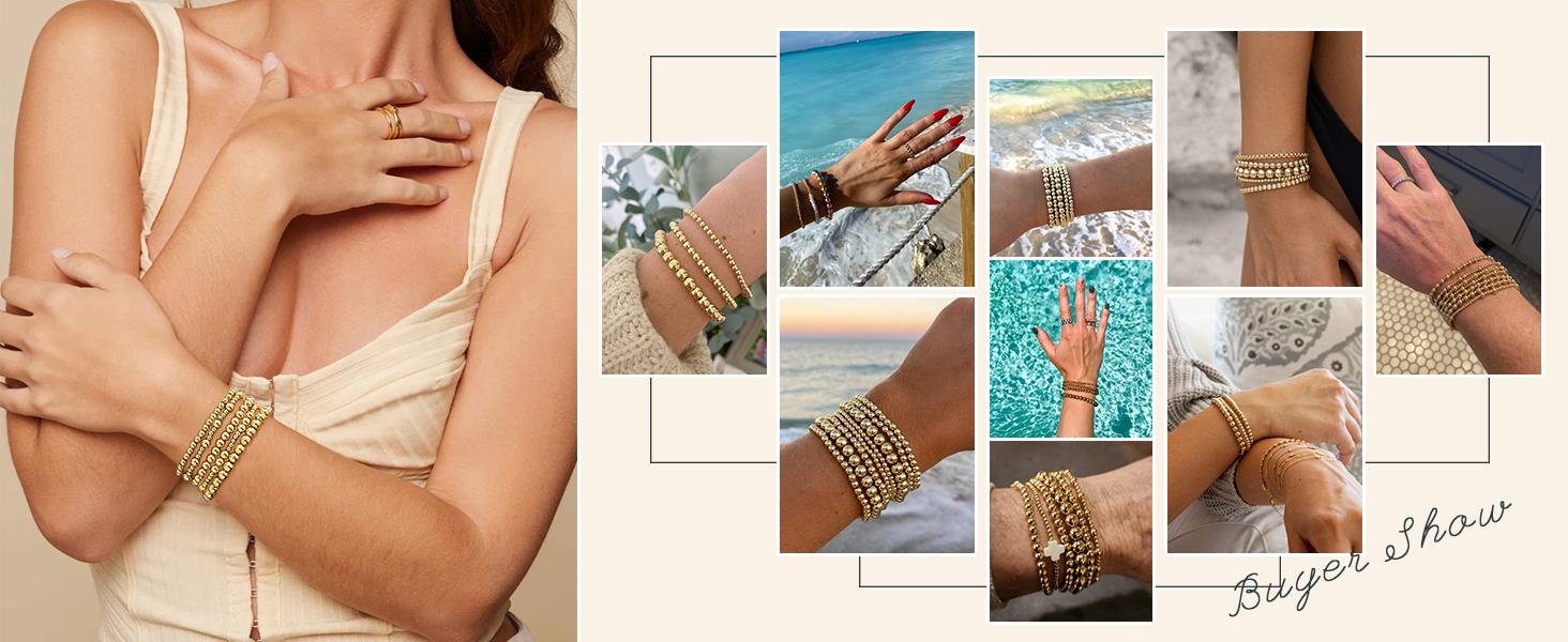 17KM Gold Bracelet for Women Waterproof, Beaded Strand Bead Ball Bracelet stack Adjustable for Gifts 17KM Gold Bracelet for Women Waterproof, Beaded Strand Bead Ball Bracelet stack Adjustable for Gifts