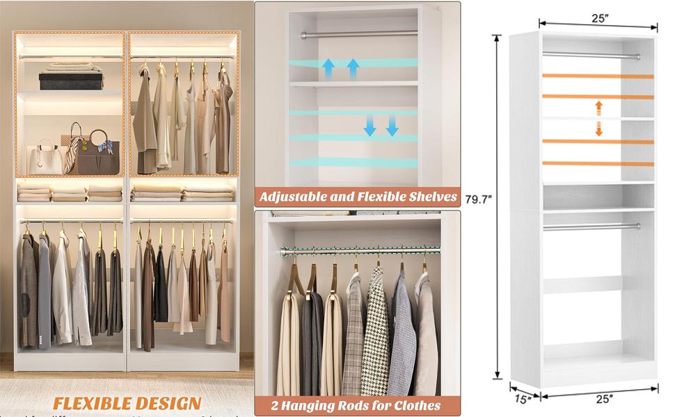 80'' Height Freestanding Wood Closet System, DIY Reversible Stand-alone Wardrobe Walk-in Closet Garment Organizer with Hanging Rod and Drawers, White