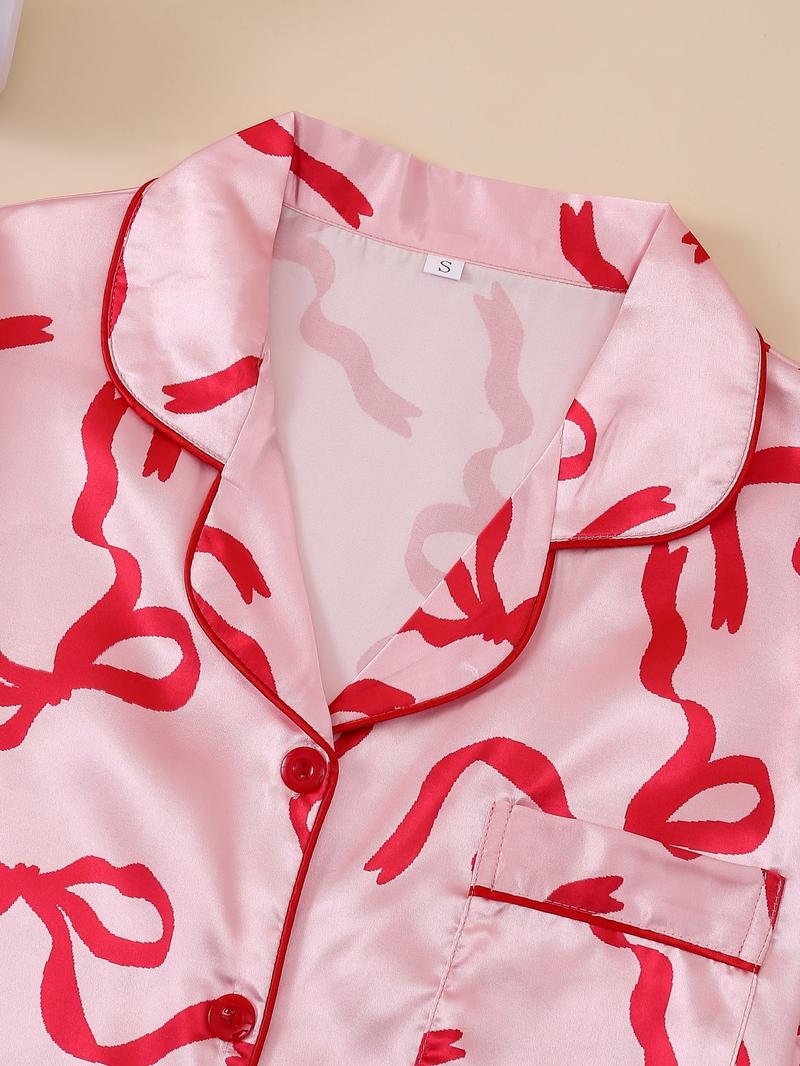Elegant Women's Pajama Set, Bowknot Print Short Sleeve Top & Elastic Shorts, Valentine's Day Homewear, Casual Sleepwear