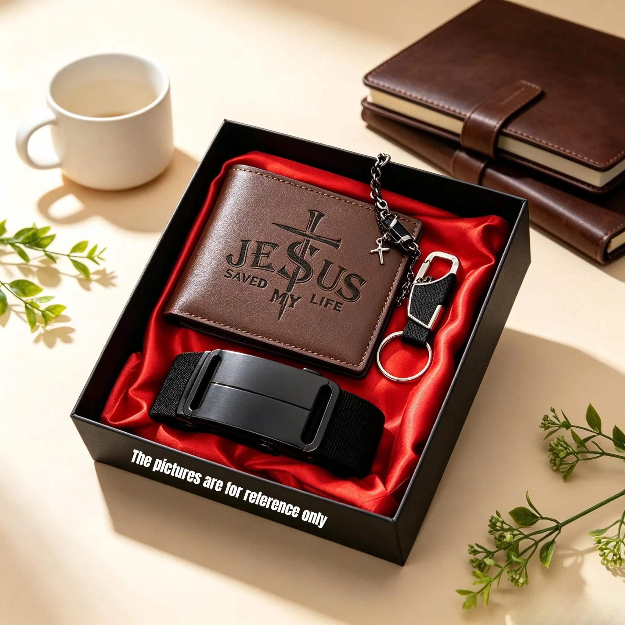 Men's Bifold PU Leather Wallet Gift Set (4pcs) - Lightweight Metal Cross Pattern Keychain, Adjustable Nylon Belt, Engraved "Jesus Saved My Life", Religious Gift Box for Dad, Daily Wear Spiritual Christian Present