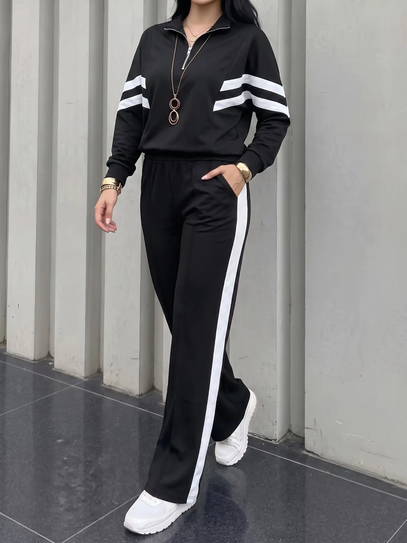 Women's Half-Zip Chain Pattern Long Sleeve Sweatshirt Set, Side Stripe Straight Leg Pants, Casual Fall & Winter, Two-Piece Sportswear