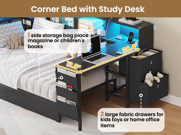 Hasuit Twin Corner Bed with Desk and Storage Bookcase, Daybed with 2 Drawers & 2 Storage Bins, Twin Size Platform Bed Frame with Charging Station and LED Light, Modern Teenagers Bedframe