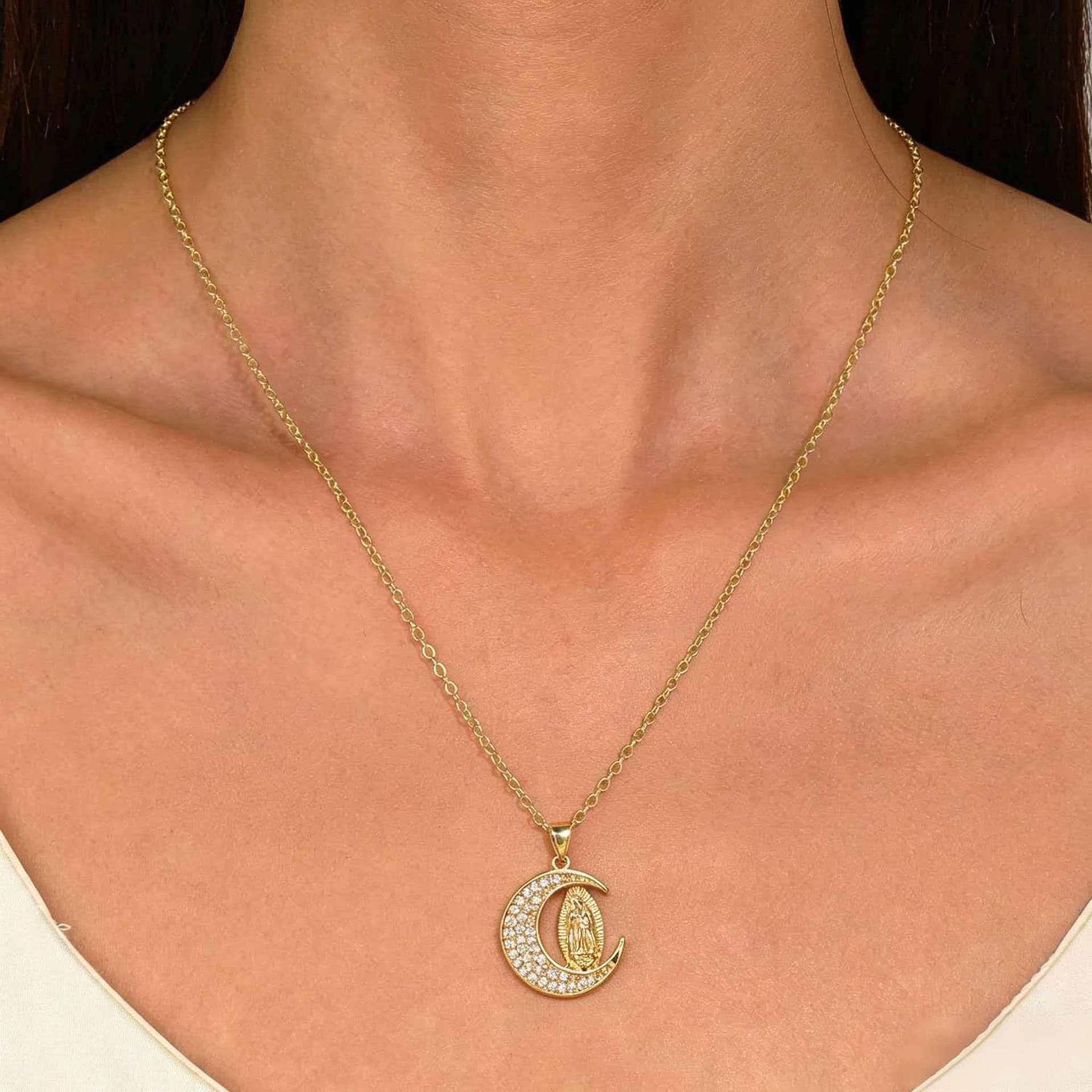 14 Karat Gold Plated Our Lady of Guadalupe Necklace for Female - CZ Virgin Mary Crescent Moon Pendant, Dainty Catholic Religious Jewelry, Faith Gift for Daily Wear, Special Occasions
