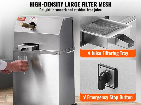VEVOR Commercial Sugar Cane Juicer, 800W Electric Sugarcane Juicer Machine with 661LBS/H High Output, 3 Stainless Steel Rollers, Sugar Cane Press Juice Extractor Squeezer on Wheels for Home/Commercial