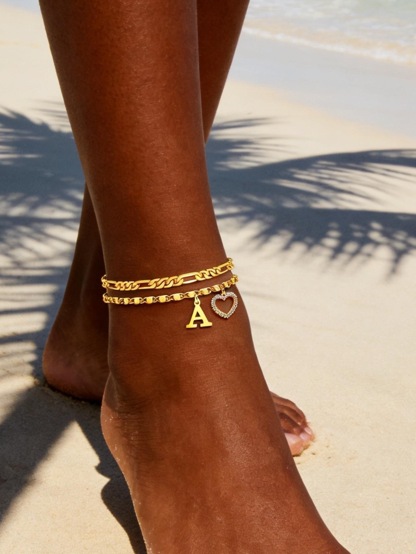New 26 Letter and Heart Pendant Anklet, Stainless Steel Chain 2-Piece Set, Fashionable Women's Beach Foot Jewelry, Stylish Anklets for Summer
