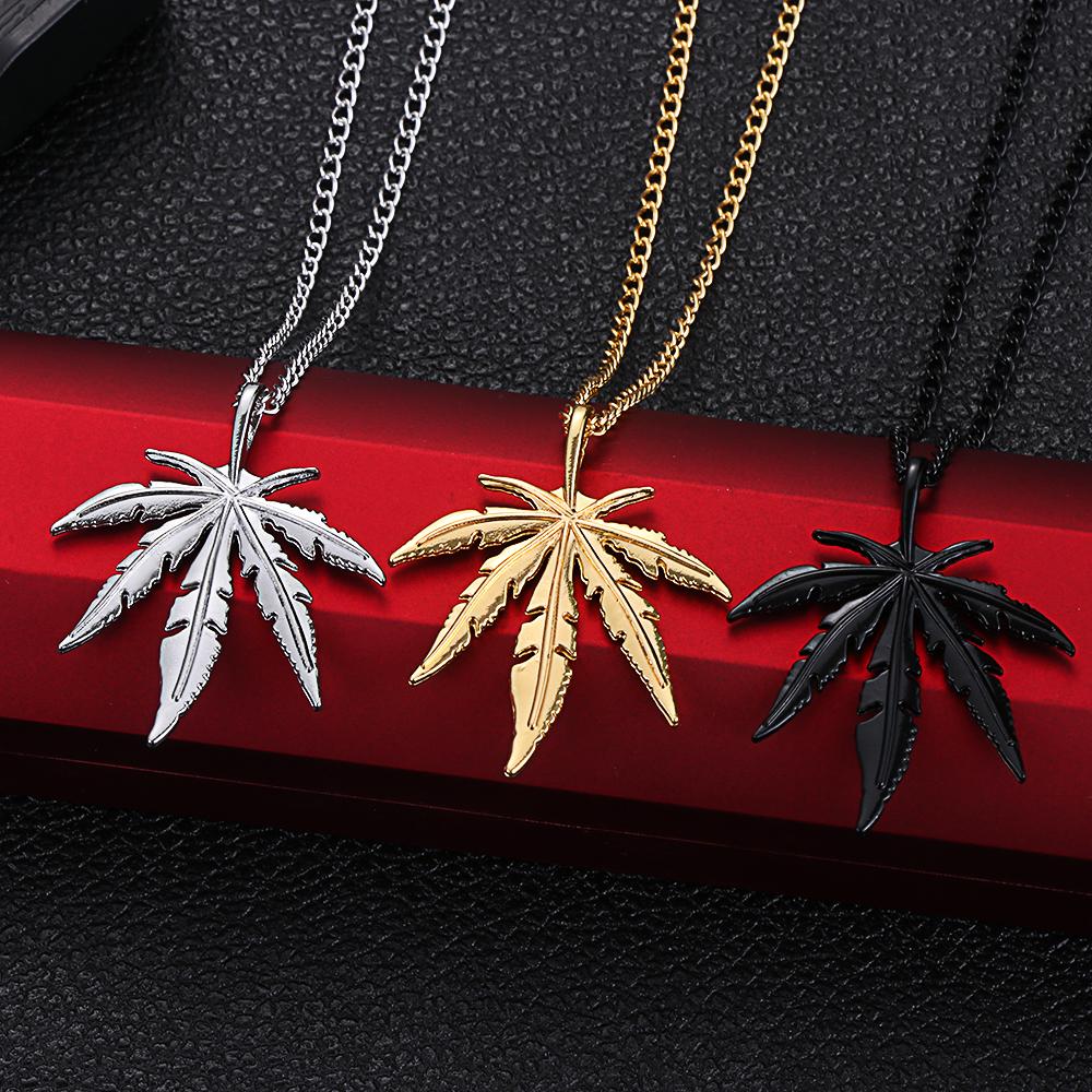 1Pc Fashion Maple Leaf Necklace Titanium Steel Hemp Leaf Pendant Glittery Charm Chain Gift Jewelry Hip Hop Jewelry Accessories