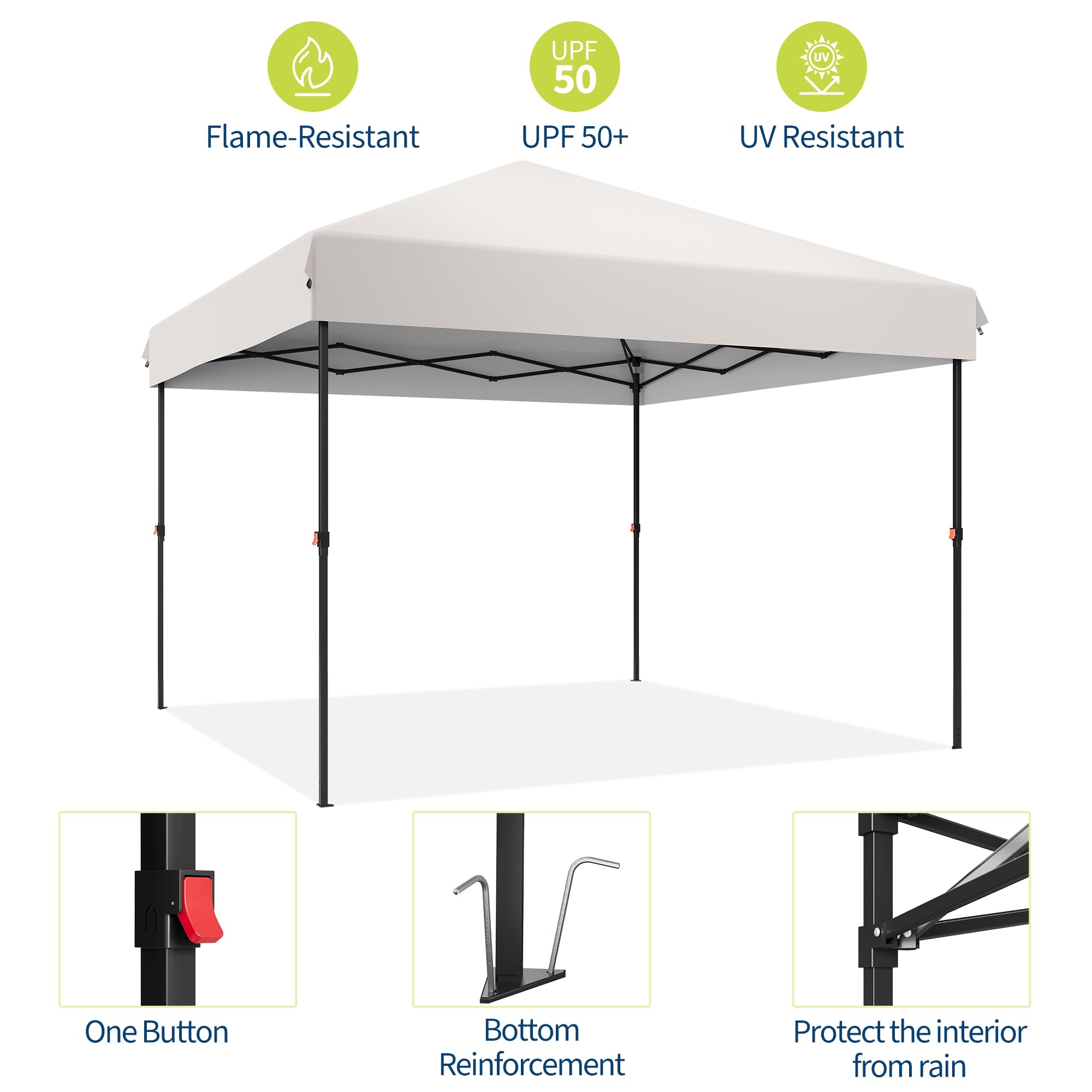 GARVEE 10x10 FT Pop Up Canopy Tent, One-Button Fast Setup Outdoor Instant Canopy with 3 Adjustable Heights, UPF 50+ Waterproof Flame-Resistant Shelter, Wheeled Carry Bag, Sandbags Stakes Ropes for Patio Part