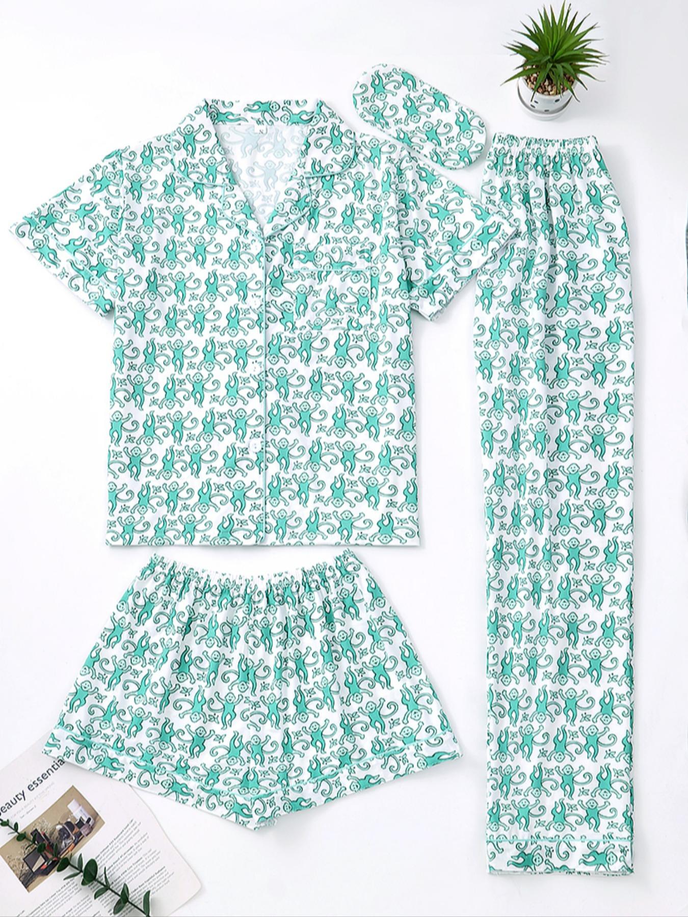Women's All over Print Pajama Set, Comfortable Sleepwear and Loungewear for All Seasons, Includes Top Shorts and Pants, Home Wear