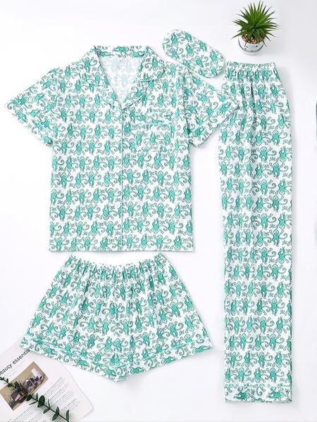 Women's All over Print Pajama Set, Comfortable Sleepwear and Loungewear for All Seasons, Includes Top Shorts and Pants, Home Wear