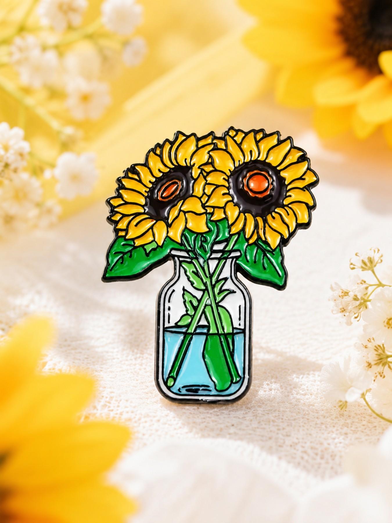 Floral Sunflower Jar, Enamel Pin Brooch, Collectible Pins, Durable Alloy Hard Enamel, For Women Garden Lovers Pin Fans Collectors, For Tote Bags Denim Jackets Lapels, Cheerful Aesthetic Style, Charming Gift for Best Friends Sisters Coworkers