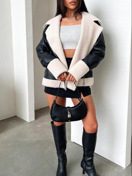 Women's Colorblock Faux Wool Fur Jacket Coat, Warm Winter Travel Outerwear, Stylish Patchwork Design, Soft & Cozy Fabric