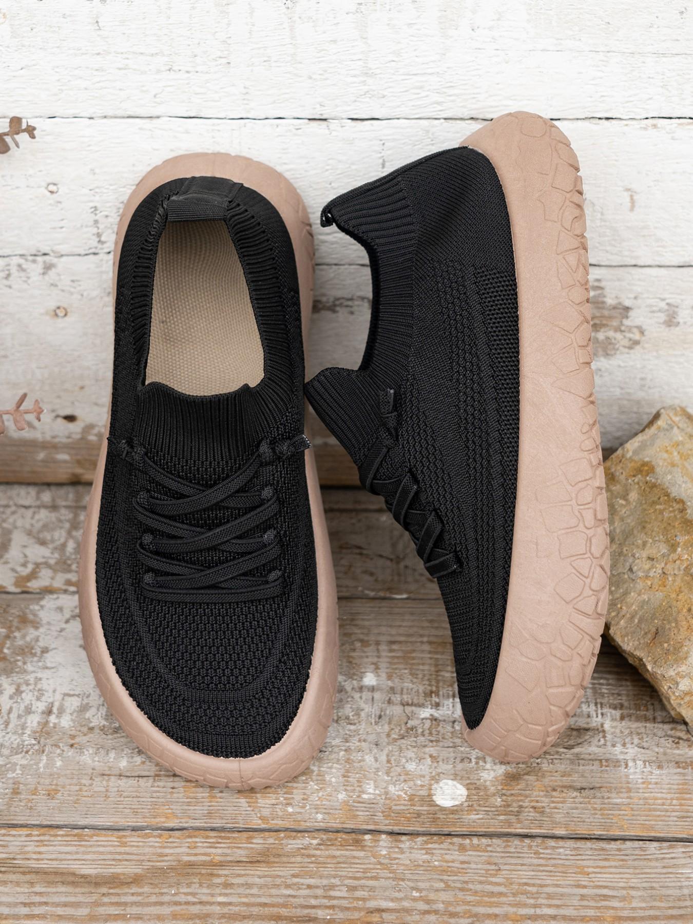 Women's Breathable Flyknit Casual Dad Shoes, Casual Trainer Footwear, Round Toe Flatform Sneakers, Wide Fit PVC Sole, All-Season Comfort for Daily Wear