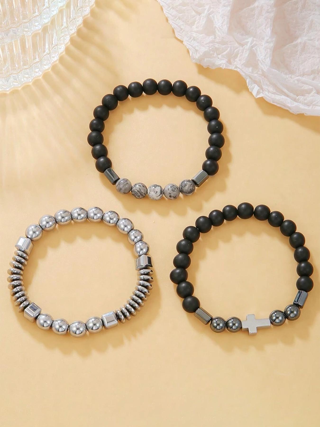 Men's Stainless Steel Cross Pendant Bracelet Set, Casual Beaded Design, Agate Stone, Perfect for Daily Wear & Parties