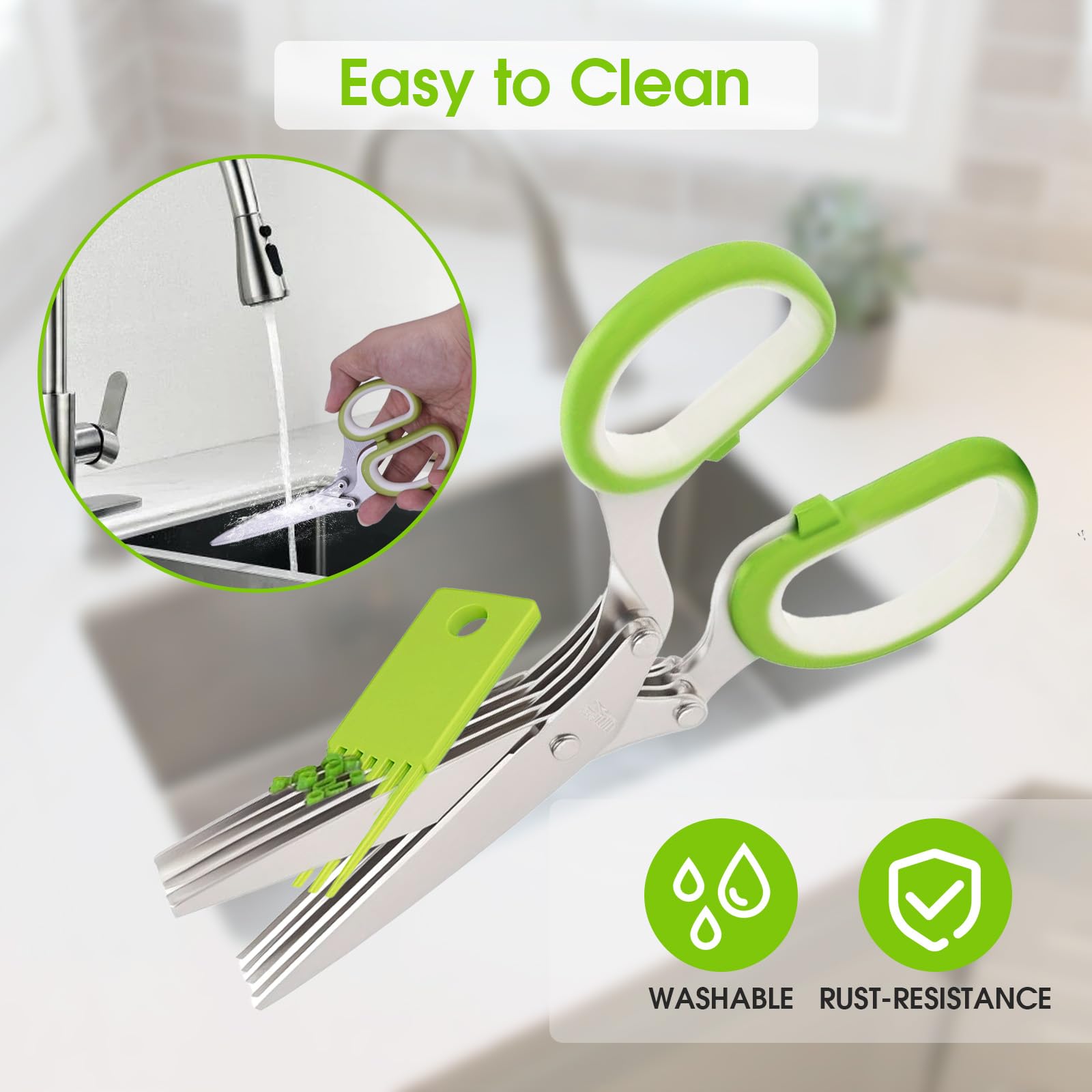 Herb Scissors, Multipurpose 5 Blade Kitchen Herb Shears Herb Cutter with Safety Cover and Cleaning Comb for Chopping Basil Chive Parsley (Green)