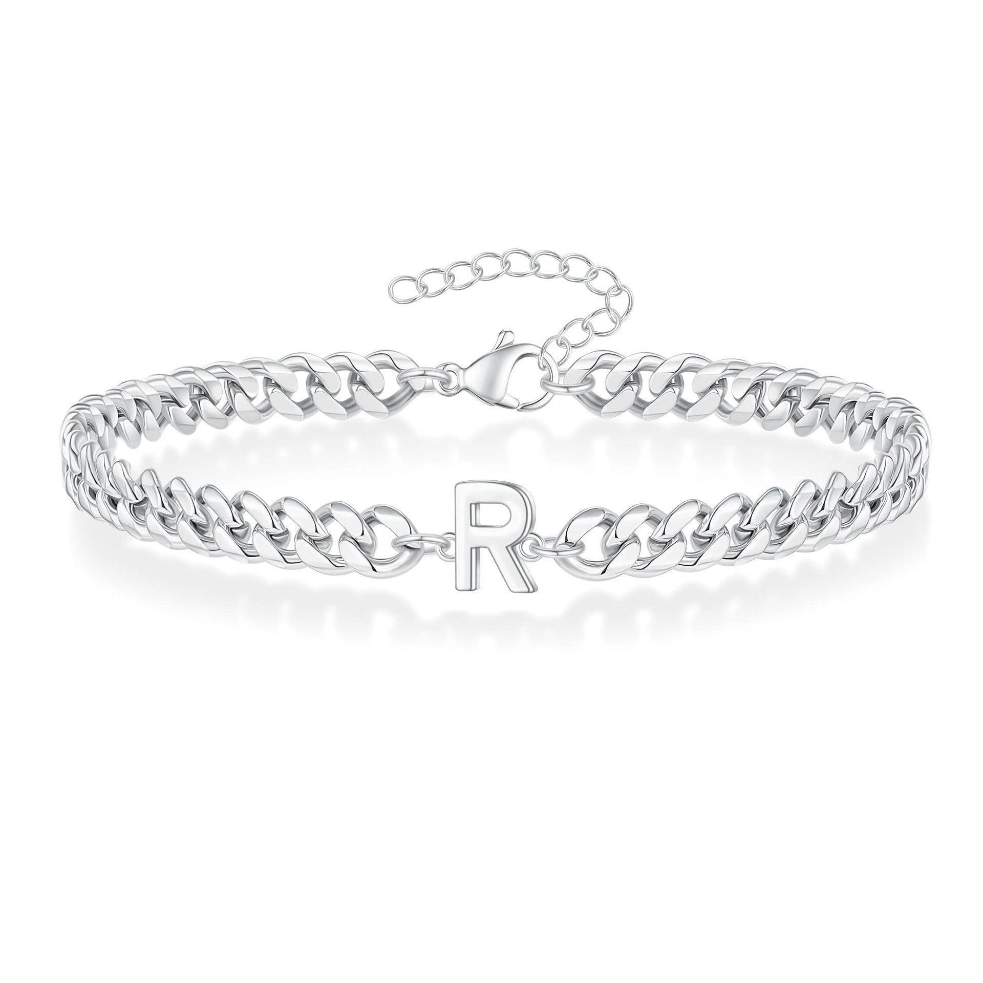 Men's Cuban Link Bracelet with Custom Initial Charm, Stainless Steel Non‑Tarnish Hypoallergenic Stackable Couple‑Themed Matching Jewelry for Daily Wear