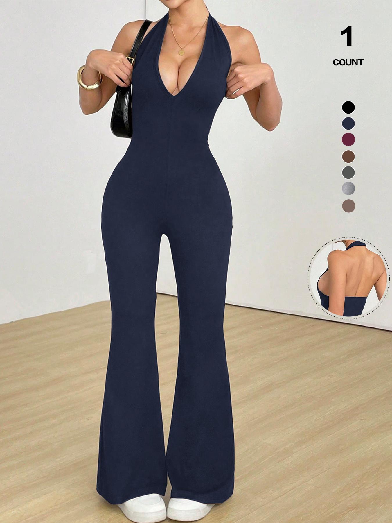 Women's Halter Neck Jumpsuit, Sleeveless Deep V Backless Chic Design, Flare Leg Romper for Casual Wear