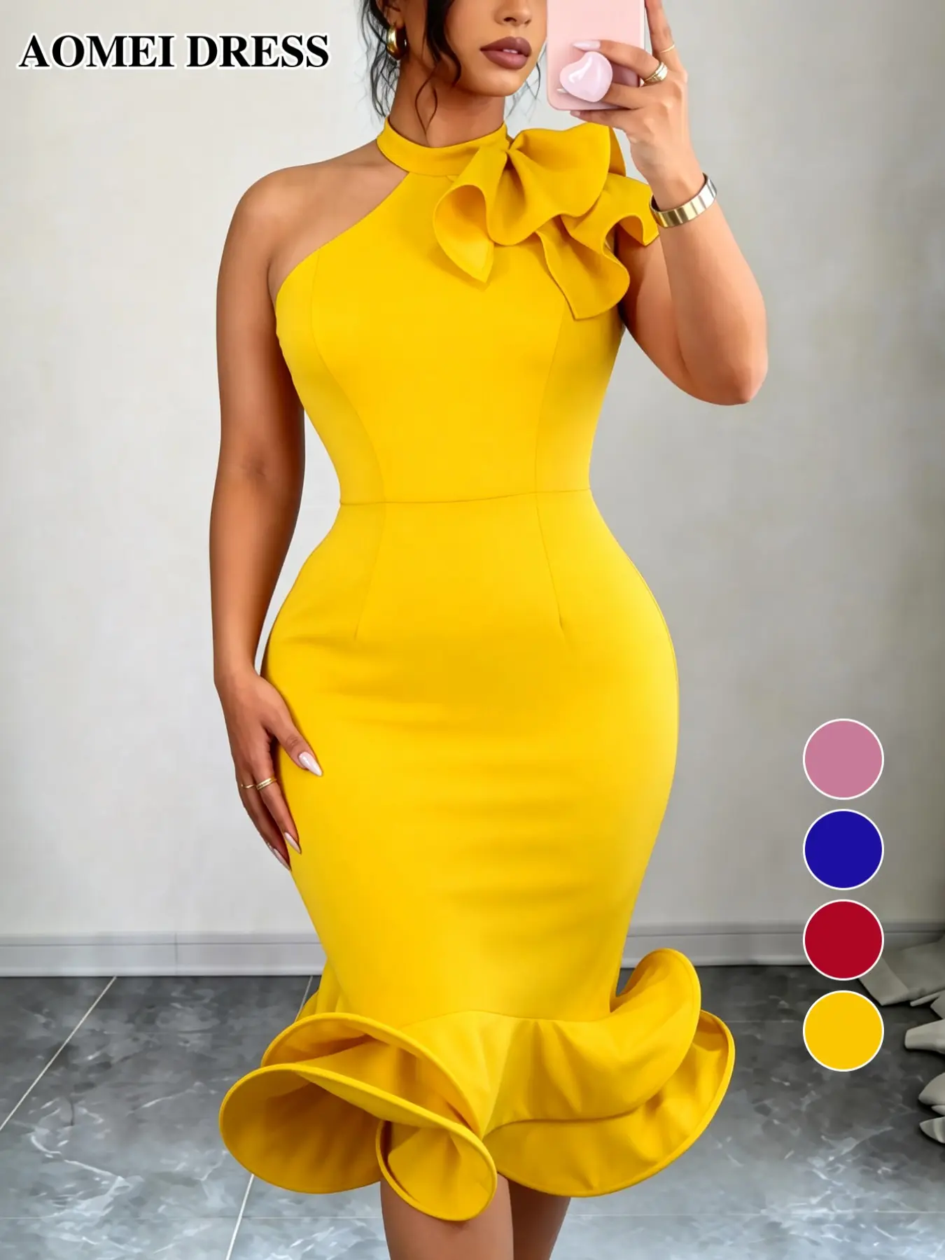 AOMEI DRESS Elegant Fashion Asymmetrical Neckline, Ruffled Hem, Sleeveless, High Waist, Midi Length, Perfect for Parties and Weddings