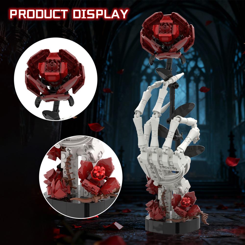 350PCS+ Dark Gothic Skeleton Hand With Rose Building Blocks  Bricks Set Horror Valentine Gift Black Romantic Home Decoration