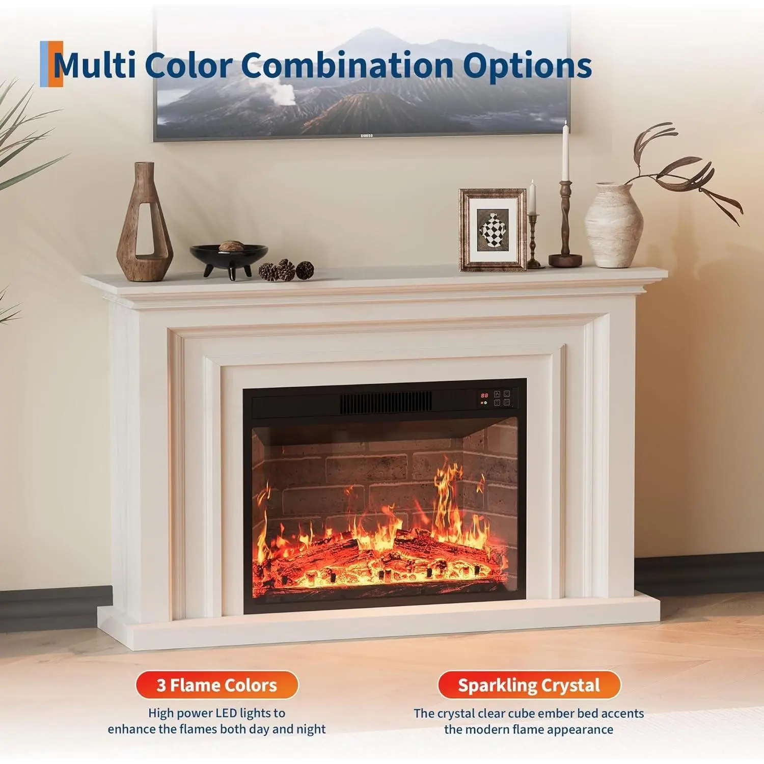 IdealHouse 23 in Ultra-Thin Electric Fireplace Insert - Wall Mounted or Recessed, Rear Projection 12-Color LED Flame, 750/1500W Heater, 0.5-9H Timer, Remote Control, 60-84°F, Up to 400 Sq Ft Coverage for Heat & Ambience