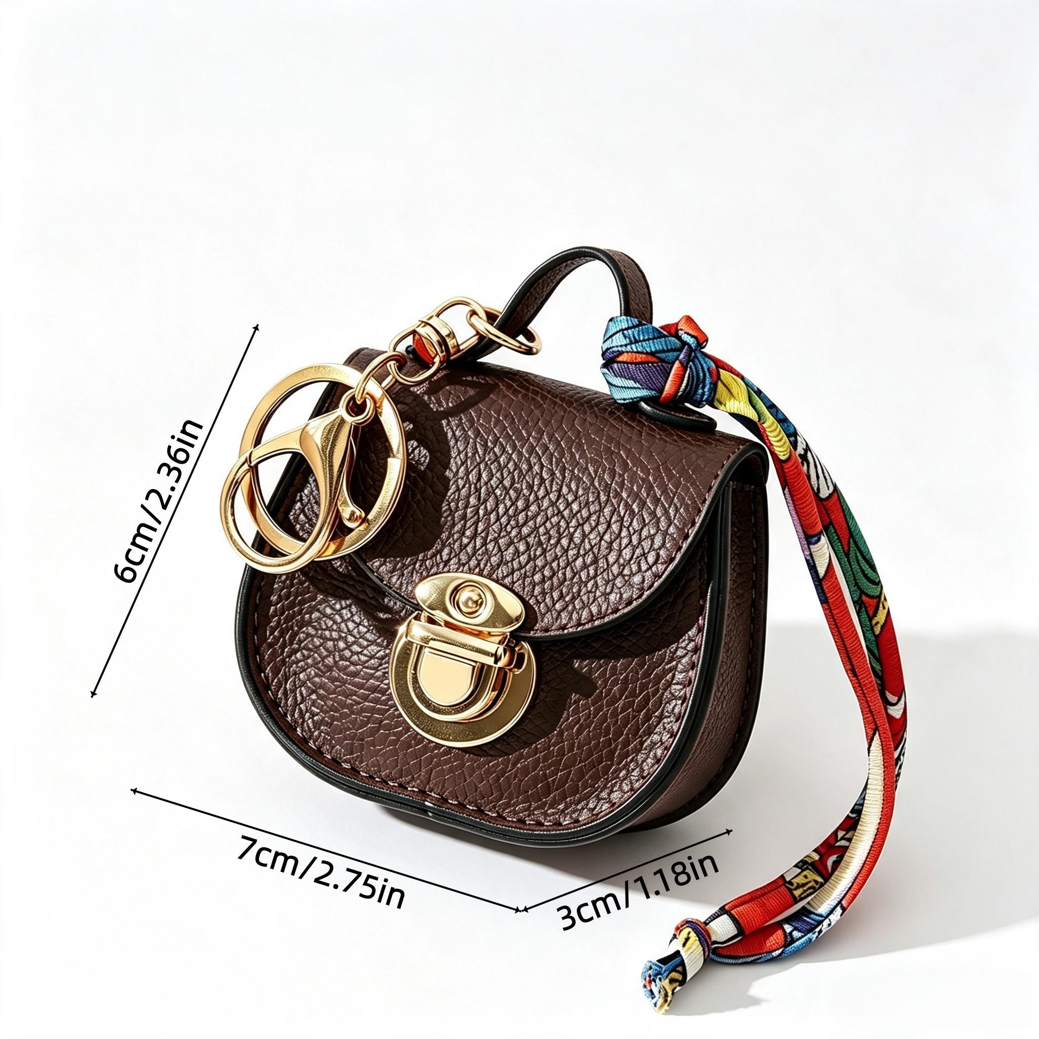 Women Mini PU Saddle Coin Purse Keychain, Luxury Design with Scarf Wrist Strap Lock, Can Be Used As Handbag Charm, Anti-lost Portable Storage Pouch for Lipstick & Wireless Earbuds
