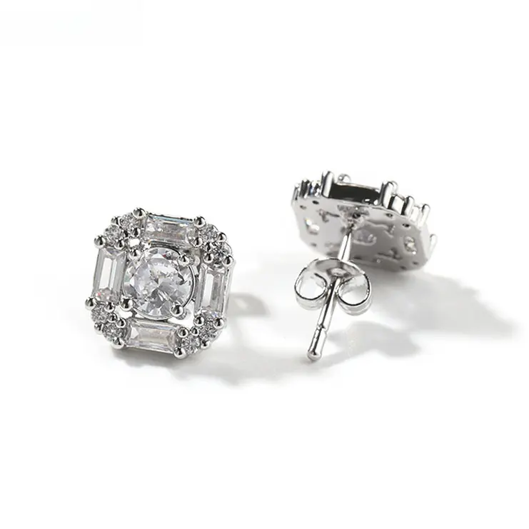 Loveden Square Halo Baguette Cut Cubic Zirconia Stud Earrings for Women, Round Center Stone Paved Crystal Piercing Earrings, European American Luxury Geometric Jewelry, Ideal Wedding Party Daily Holiday Gift for Her