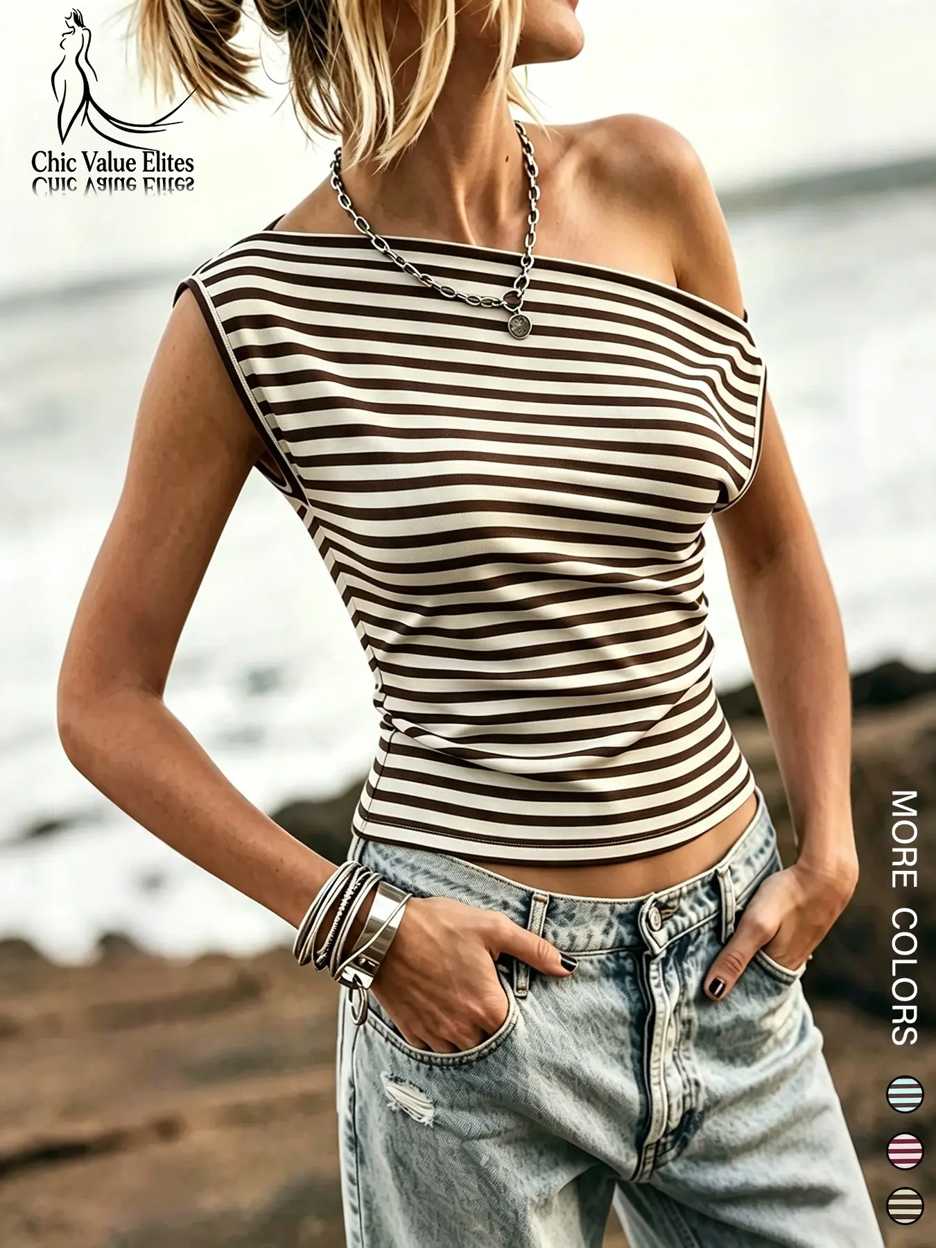 Striped Off-Shoulder Asymmetrical Neck Short Sleeve T-Shirt for Women, Summer New Arrival, Chic Sexy Pure Desire Style, Slimming Elegant Top