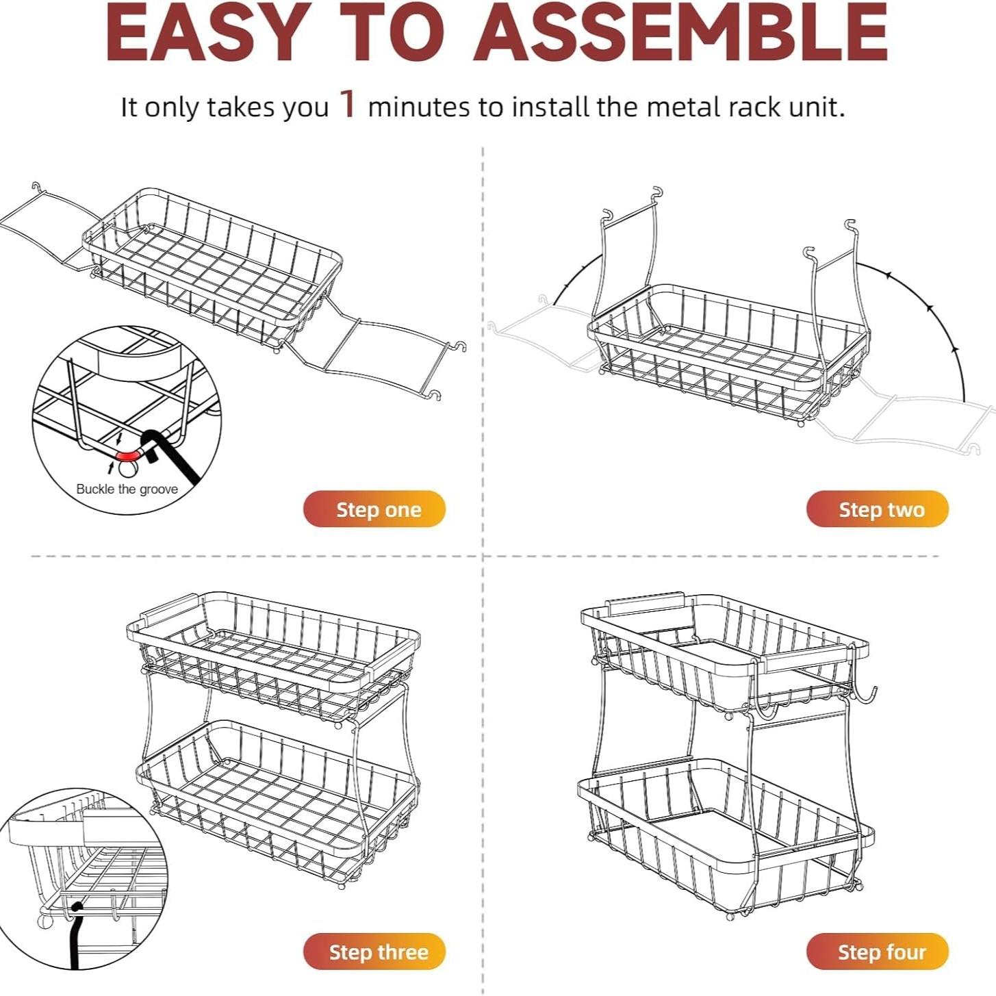 Double Layer Large Fruit Basket, Kitchen Countertop Organizer, Includes Two Removable Banana Hooks, Durable Storage Solution