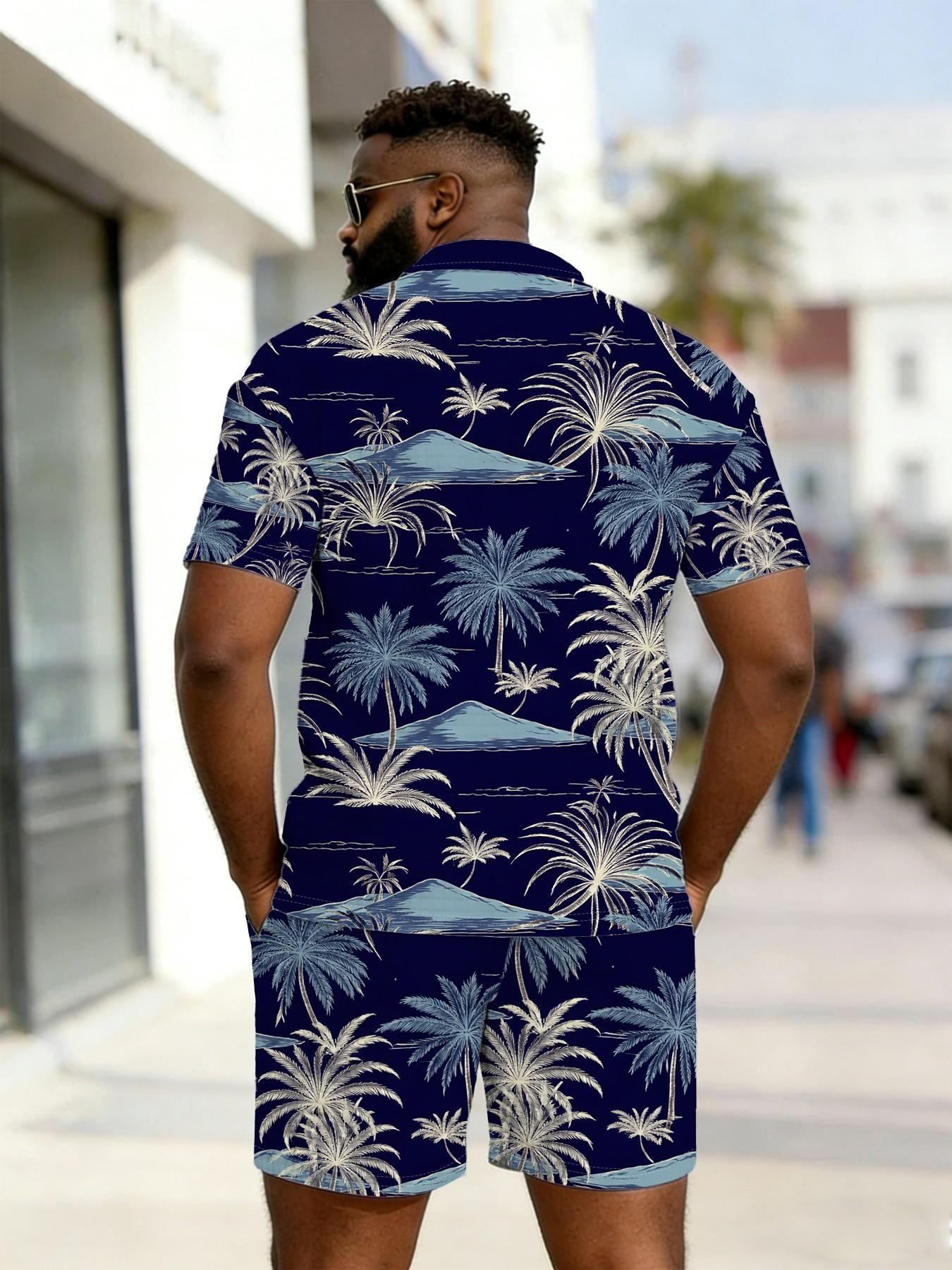 Men's Navy Palm Island Style Polo Set, Loose-Fit Zipper Top, Casual All-Over Print, Summer Breathable Beach Wear, Large Size