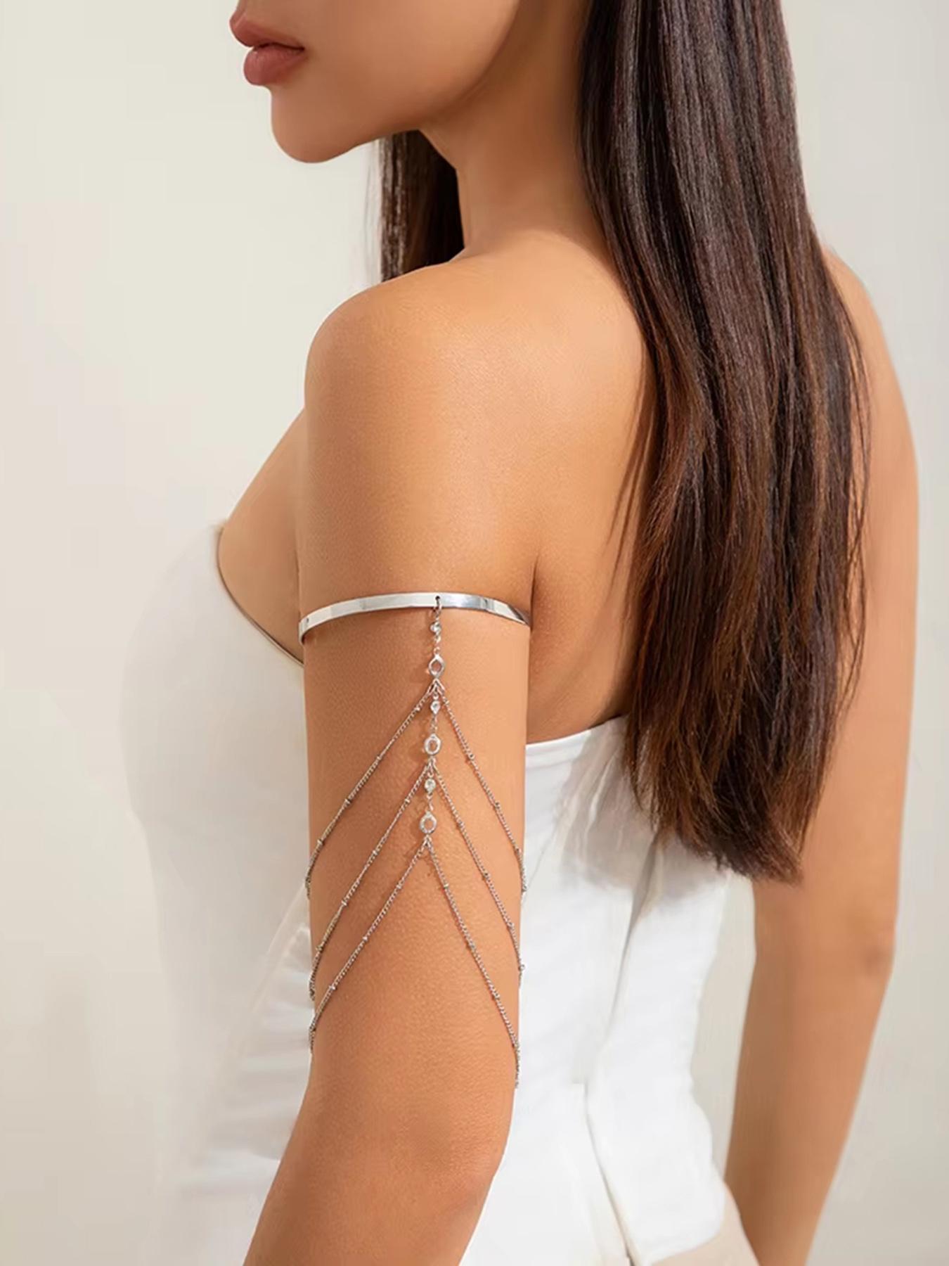 Chic & Sexy Multi-Layer Rhinestone Chain Tassel Upper Arm Bracelet / Armband — Women's Accessory; Simple Crystal Bead Tassel Upper Arm Chain / Bikini Arm Ring — Adjustable Open Rhinestone Bangle for Summer Beachwear