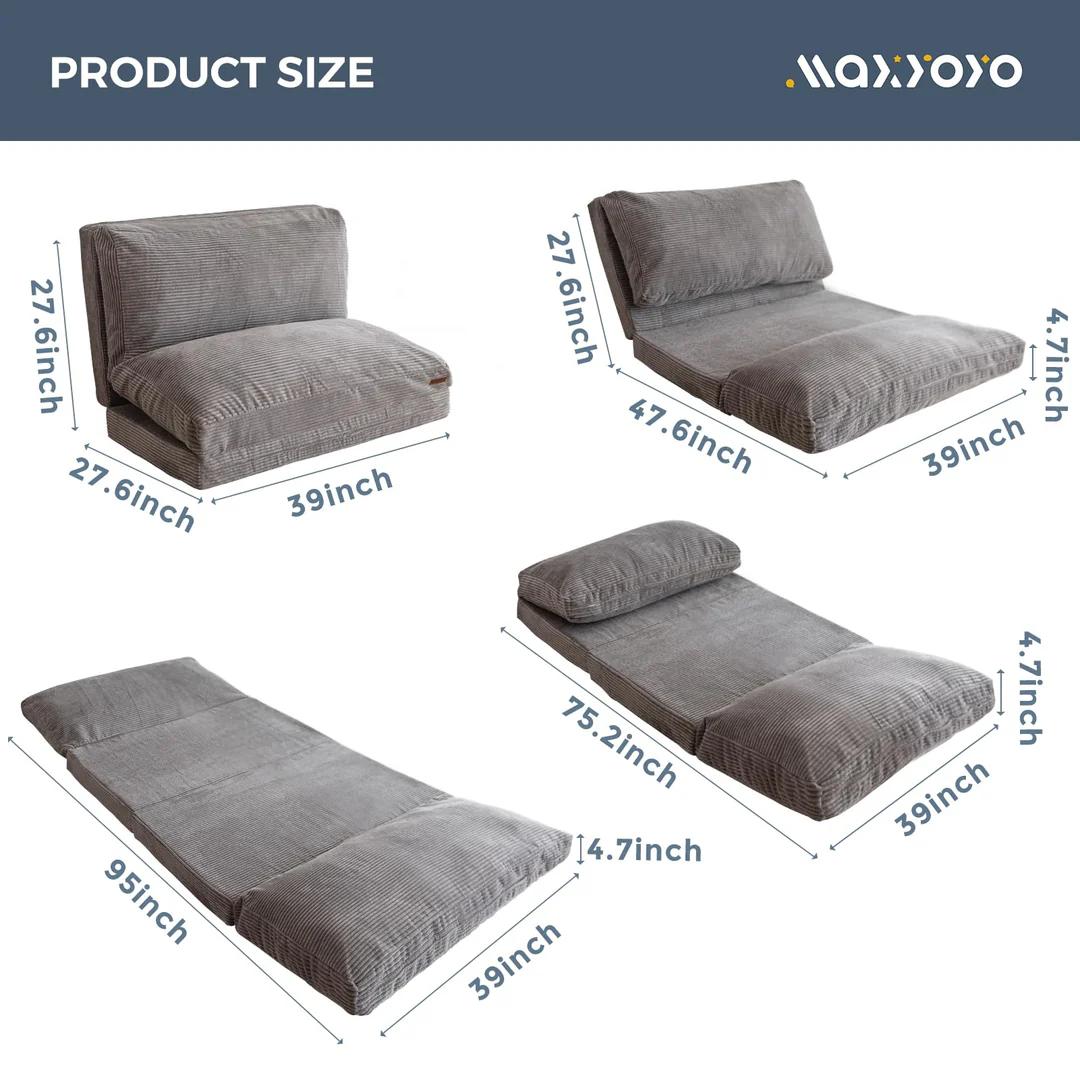 MAXYOYO Folding Bean Bag Sofa Bed Floor Mattress with Corded Washable Cover, Modern Floor Couch Bed for Bedroom Living Room, Grey and others color