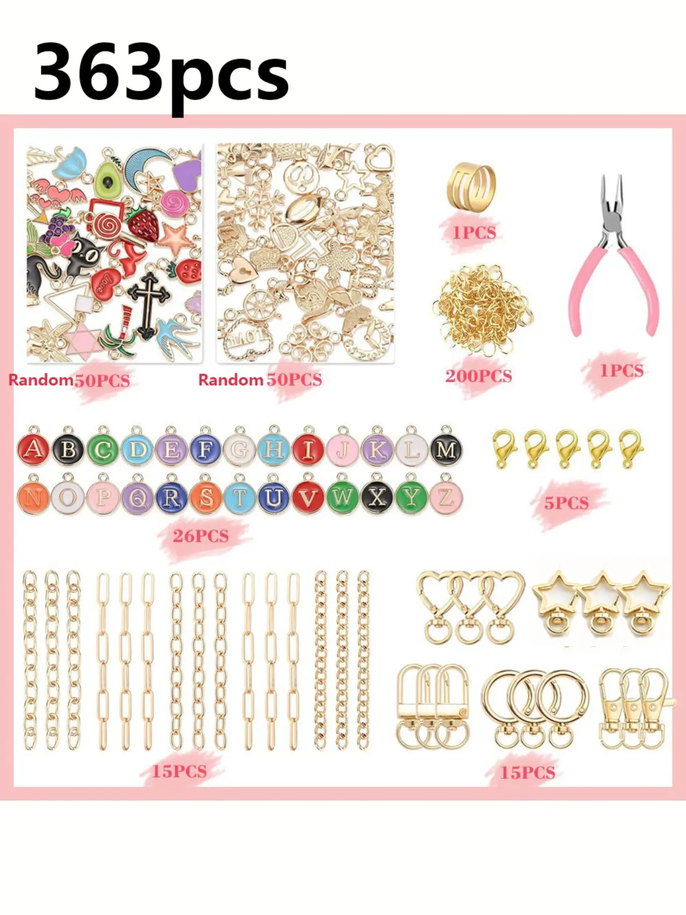363-Piece DIY Jewelry Making Kit, Enamel Letters, Chains, Jump Rings, Pliers, Bracelets, Necklaces, Earrings, Craft Gift Set, Beading Supplies