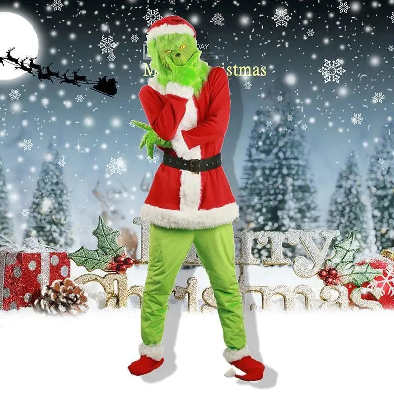 Santa Claus Costume Set Christmas Party Prom Adult Role Playing Green Outfit Monster Shaggy Halloween Cosplay Suit Gloves Mask