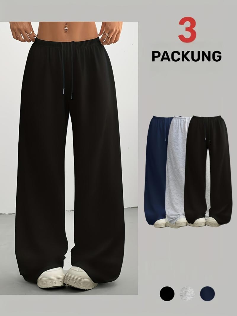Women's Casual Loose-Fit Drawstring Pants, 3-Pack Plain Long Trousers, Comfortable Wide Leg Home Wear, Suitable for Spring Summer Fall