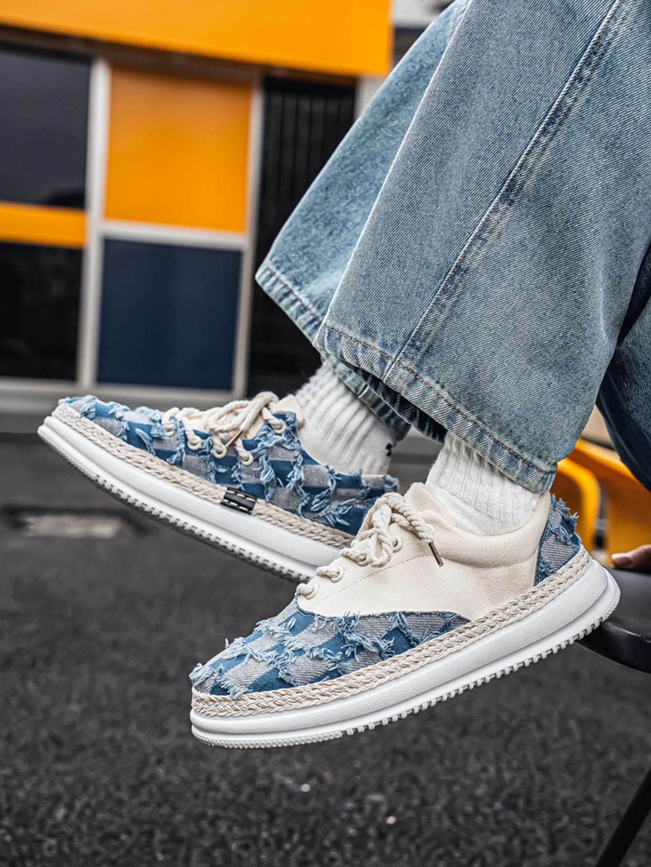 Summer New Men's Plaid Patchwork Hemp Rope Laces, Vintage Straw Trim Soft Elastic Thick Sole, Casual Checkered Shoes for Commute and Streetwear