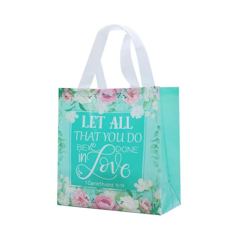 32 Bible Verse Gift Bags, Reusable Non-Woven Christian Gift Bags with Handles, Inspirational Floral Design, Blue